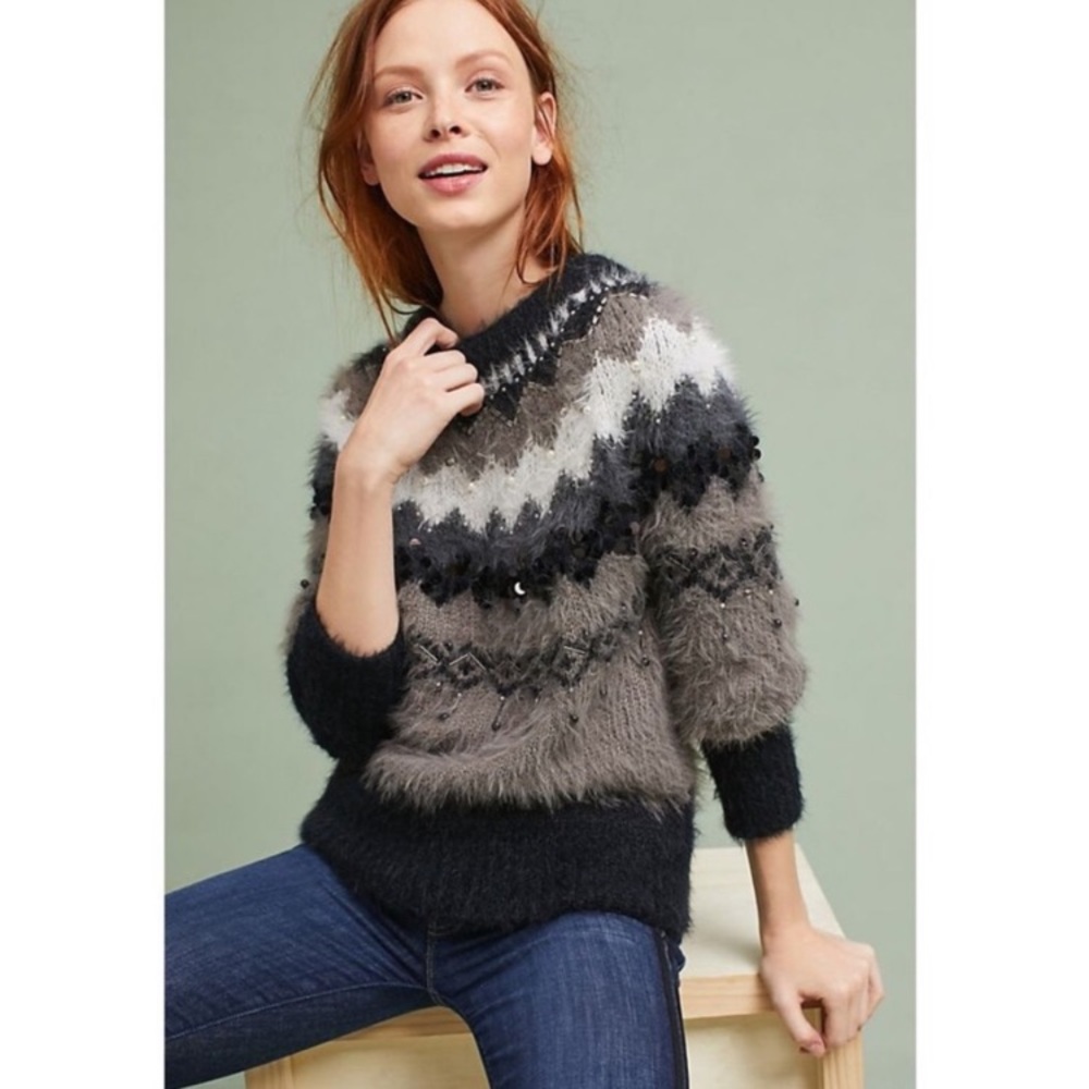 Sleeping on Snow Anthropologie Fair Isle Bubble Sleeve Sweater Size M